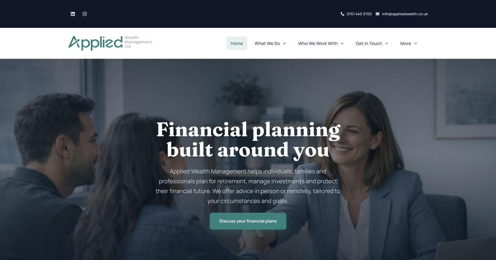 Applied Wealth Management homepage with its introduction and contact options