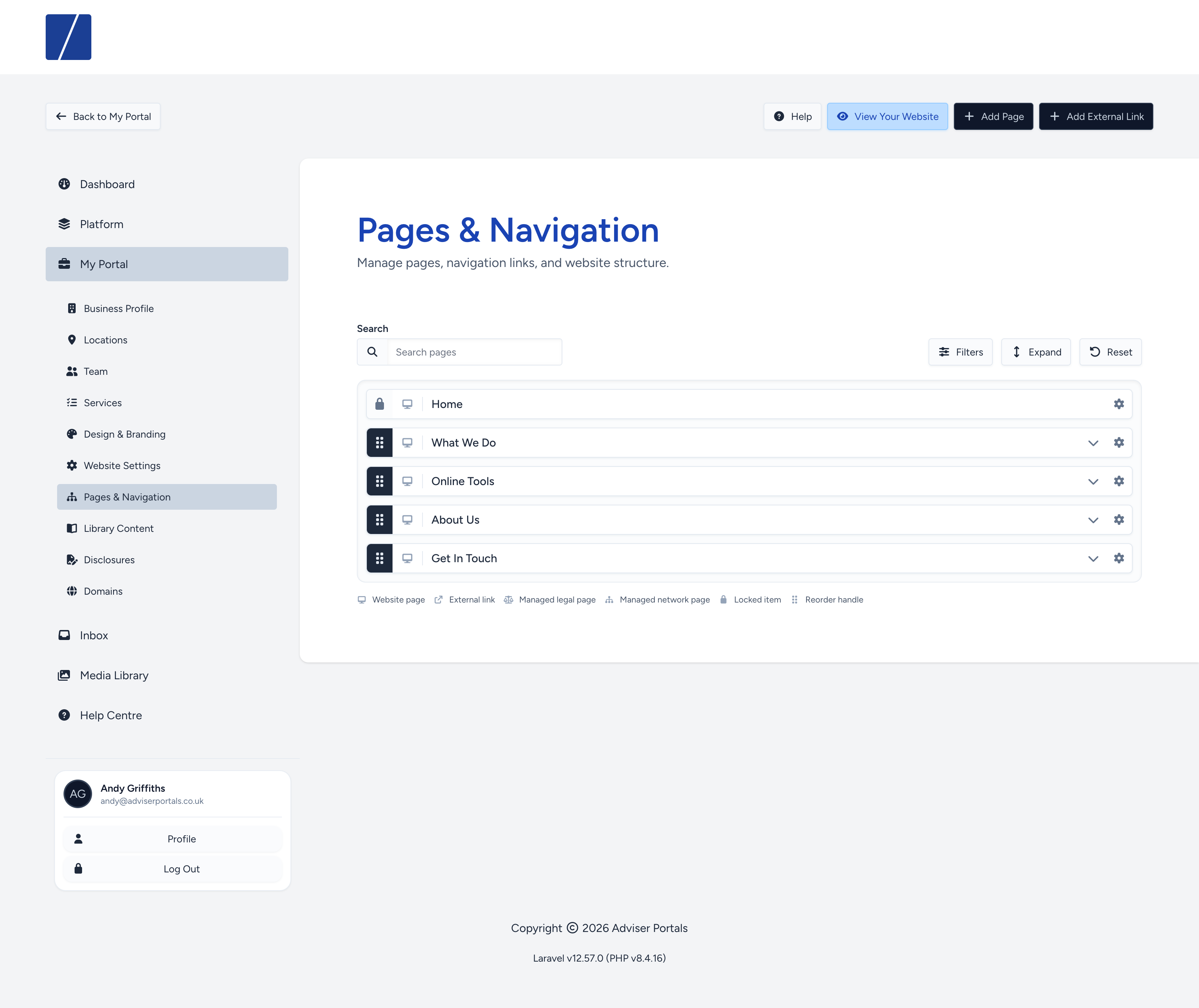 My Portal pages and navigation editor
